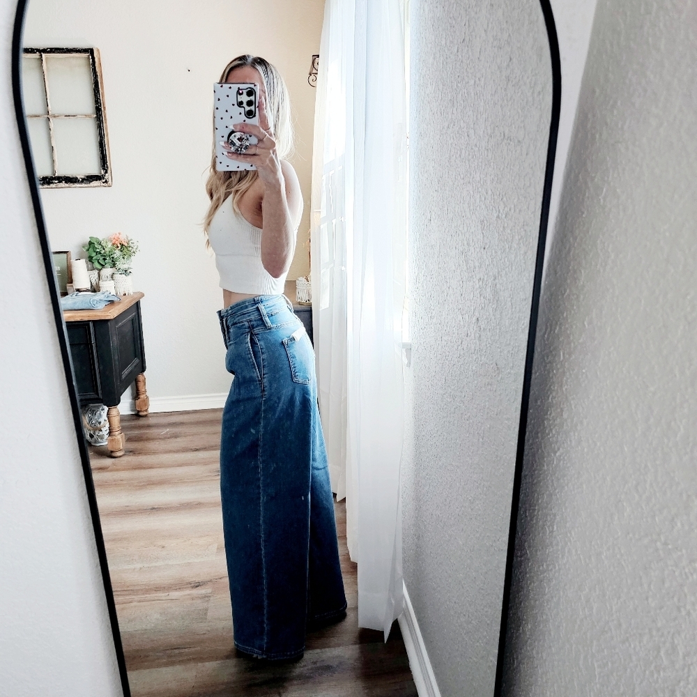 Risen MR Medium Wash Wide Leg Jeans Pleated Double Button Retro 80's Various NEW - Picture 9 of 15